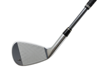 A close-up of a golf club head with a sleek design. The club features a shiny silver finish and a textured face for improved grip and control.