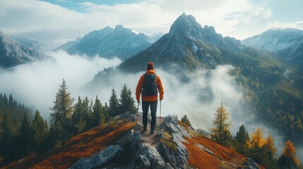 Adventurers hiking scenic mountain trails through forests valleys and rugged peaks under clear skies or mist capturing nature�s grandeur and outdoor endurance experiences