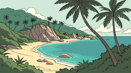 A tropical beach with palm trees and turquoise water, showcasing a serene island paradise with lush vegetation and rocky cliffs under a partly cloudy sky, perfect for a vacation getaway