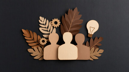 Wooden cutouts of three people surrounded by leaves, gears, and a light bulb, symbolizing teamwork, creativity, and growth.