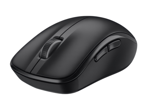 Black wireless computer mouse on white background
