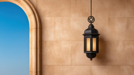 A vintage black lantern glows warmly, hanging beside a beige stone archway with a clear blue sky visible through the arch.