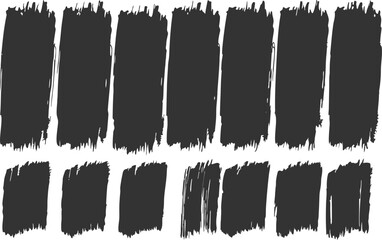 Set of paint brush strokes collection isolated on white background. Ink splatters, grungy painted lines, artistic design elements: waves, circles, triangles. Vector paintbrush set