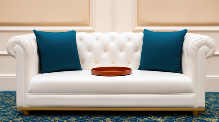 A white tufted leather sofa with rolled arms and two blue pillows, set against a beige paneled wall, with a round wooden tray on the seat.