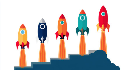 Colorful rockets launch from ascending steps, symbolizing growth, progress, and success.