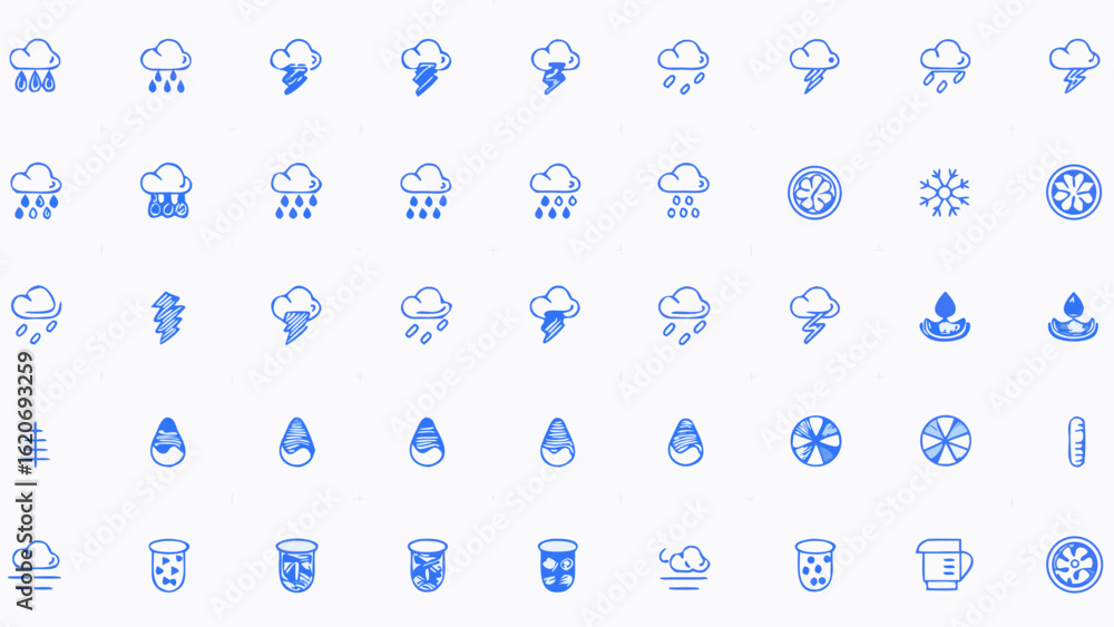 Poster vector illustration showing a pattern of weather and liquid related icons in blue on a white backgro