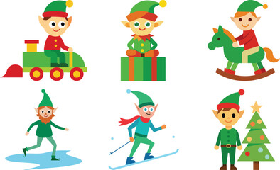 Vector art of set of charming christmas elves engaged in different holiday activities, isolated on a transparent background