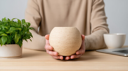 A person holds a round, textured beige pot on a wooden table near a green plant in a white pot, a white cup, and a laptop in a cozy workspace setting.