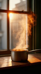 A pot on a wooden surface emits steam, backlit by warm sunlight streaming through a window, creating a cozy and inviting kitchen atmosphere.
