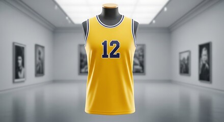 A vibrant yellow sports jersey with blue accents stands on a mannequin in gallery.