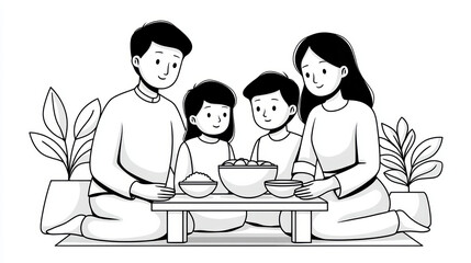 A family of four sitting together around a low table, sharing a meal in a cozy and happy setting.