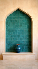 A blue ceramic vase displayed in an arched niche with turquoise tiles and beige stone walls, showcasing elegant architectural design.