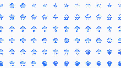 Vector  illustration of various weather icons including sun, clouds, rain, and snow in a grid arrangement
