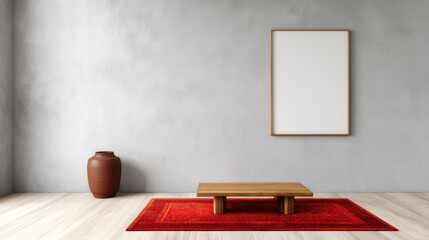 Minimalist room with a low wooden table on a red rug, a large ceramic vase, and a blank framed picture on a textured gray wall.