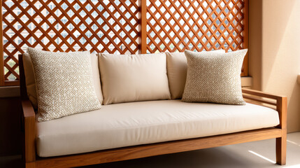 Modern wooden outdoor sofa with beige cushions and patterned pillows against a lattice backdrop on a sunny patio.