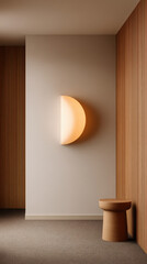 Minimalist interior with half-moon wall light, wooden slats, and a small wooden stool, showcasing warm tones and modern design.