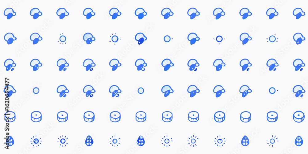Poster vector arrangement of weather icons including sun rain clouds and other elements in a grid pattern d
