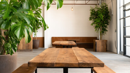 A minimalist indoor space with wooden tables, benches, and large potted plants, featuring natural light and a clean, modern design.