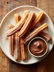 Golden churros arranged on a white ceramic plate, sprinkled with cinnamon sugar and served with a small bowl of creamy chocolate dip sauce, perfect for food magazine, food blog, food styling, recipe