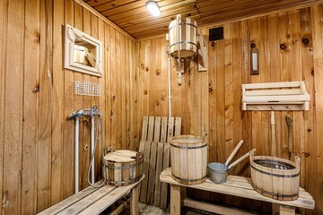 cozy sauna with wooden walls, benches, and traditional accessories like buckets, a ladle, and a...