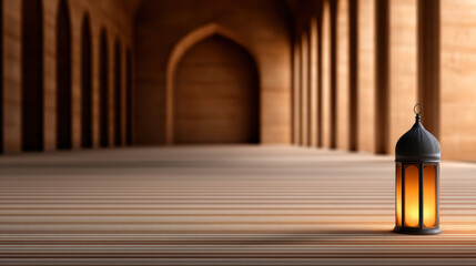 A glowing lantern illuminates the wooden floor of a dimly lit corridor with arched doorways and warm tones.