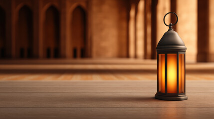 A glowing lantern sits on a wooden surface with a softly blurred background featuring arched architectural details in warm tones.
