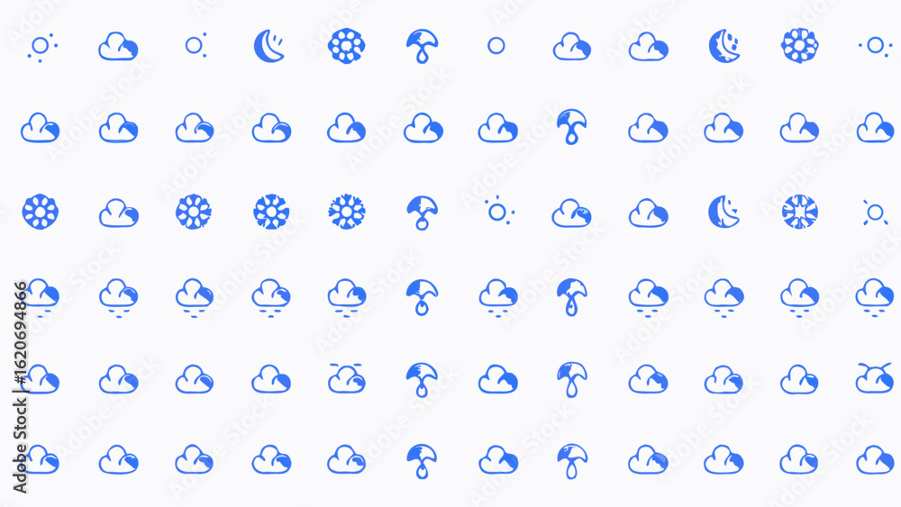 Poster vector illustration of weather icons including clouds sun moon snowflakes and rain in a grid pattern