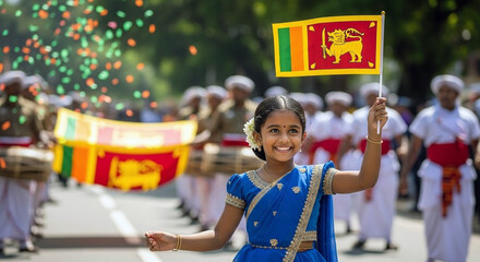 Sri Lankan Girl Celebrates National Day with Flag and Parade Festive Joy