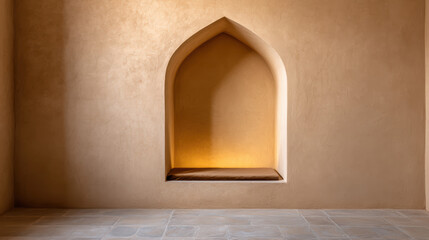 A warm-toned, arched alcove set in a textured beige wall, illuminated softly from within, standing above a tiled floor.