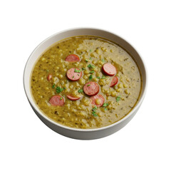 Steaming German Erbsensuppe, creamy olive-green with herbs and smoked sausage, in a white ceramic bowl on seamless light gray, high-angle studio lit, concept for German cuisine promotion