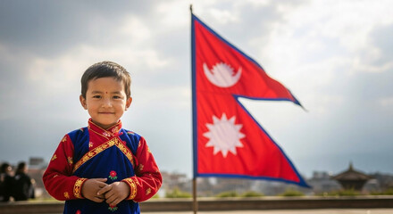 Nepalese Boy in Traditional Dress with Nepal Flag Proud Nation Fast Travel