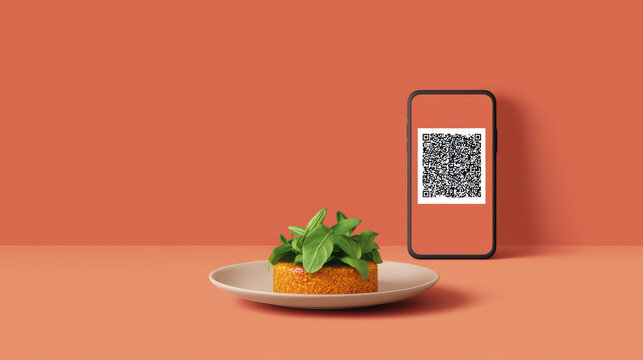A minimalist scene featuring a plant-topped dessert on a plate next to a smartphone displaying a QR code, set against a warm orange background.