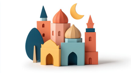 Colorful wooden toy buildings and trees arranged to resemble a small, whimsical town with varied shapes and architectural styles.