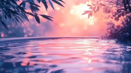 Calm water surface reflecting soft colors and greenery.