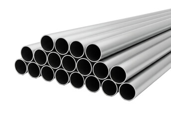 A stack of silver metal pipes arranged in a pyramid shape. The pipes are cylindrical and have a shiny surface, set against a transparent background.
