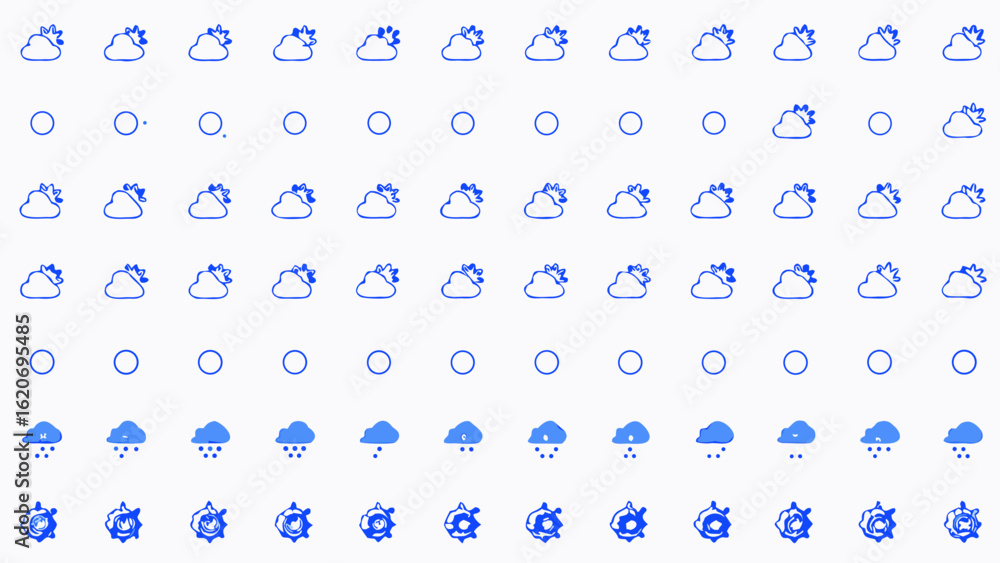 Poster vector weather icons arranged in a grid pattern showing sun clouds rain and storm in blue on a white