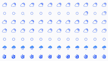 Vector  weather icons arranged in a grid pattern showing sun clouds rain and storm in blue on a white background