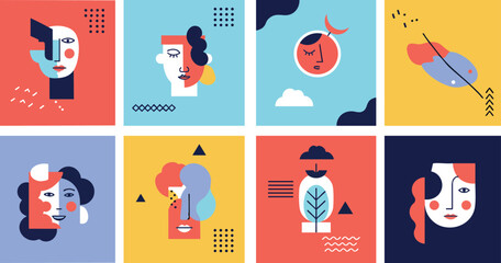 Flat Design Illustration Set Diverse Abstract Human Faces and Portraits