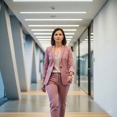 Female Executive Walking with Confidence in Office Hallway