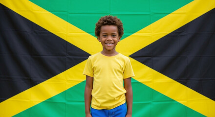 Happy Youngster with Jamaican Flag Background Pride and Joy Fast Stock