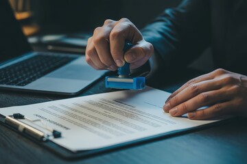 A hand is stamping a contract, symbolizing approval and legal authorization of the document