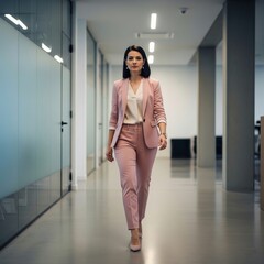 Female Executive Walking with Confidence in Office Hallway