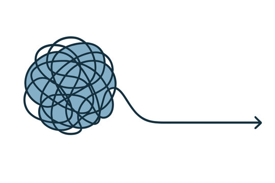 Vector illustration of a tangled blue string unraveling into a straight line