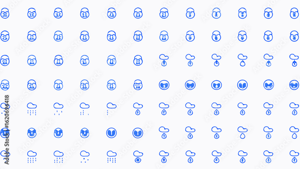 Poster vector a collection of weather icons featuring clouds rain drops and faces arranged in a grid patter