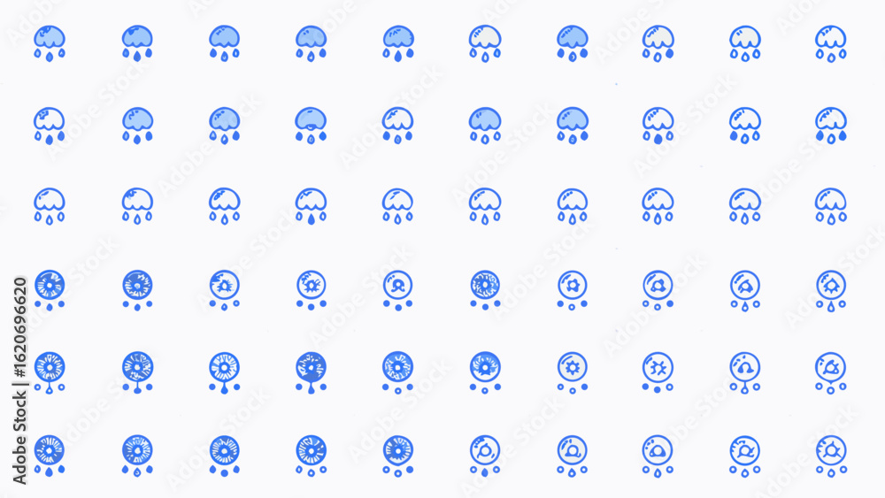 Poster vector illustration featuring a pattern of blue rain cloud icons and circle icons with various desig