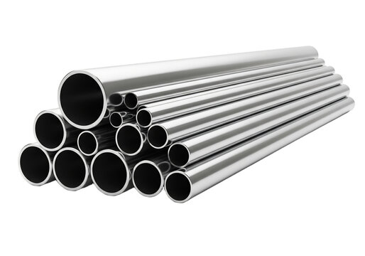 A collection of metallic pipes arranged in a staggered formation. The pipes are shiny and cylindrical, showcasing a reflective surface against a transparent background.