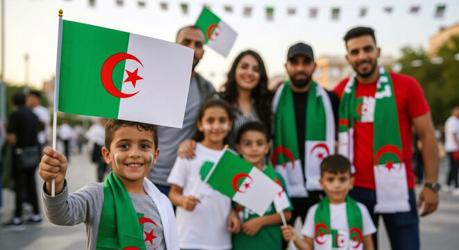 Algeria National Day Celebration With Family Pride Fast Happy Patriotism and Algerian Flag Waving