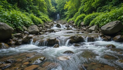 Fototapeta premium Close up Stream Flowing Over Rocks in Lush Green Landscape