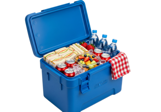 A blue cooler filled with sandwiches, drinks, and fruit. The cooler is open, revealing a checkered cloth and various food items inside.