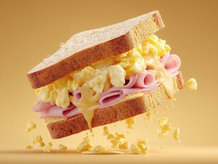 Delicious ham and scrambled egg sandwich with melted cheese detail on white bread floating on clean yellow background, ideal for breakfast promotion, recipe blogs, food advertising, gourmet photo.